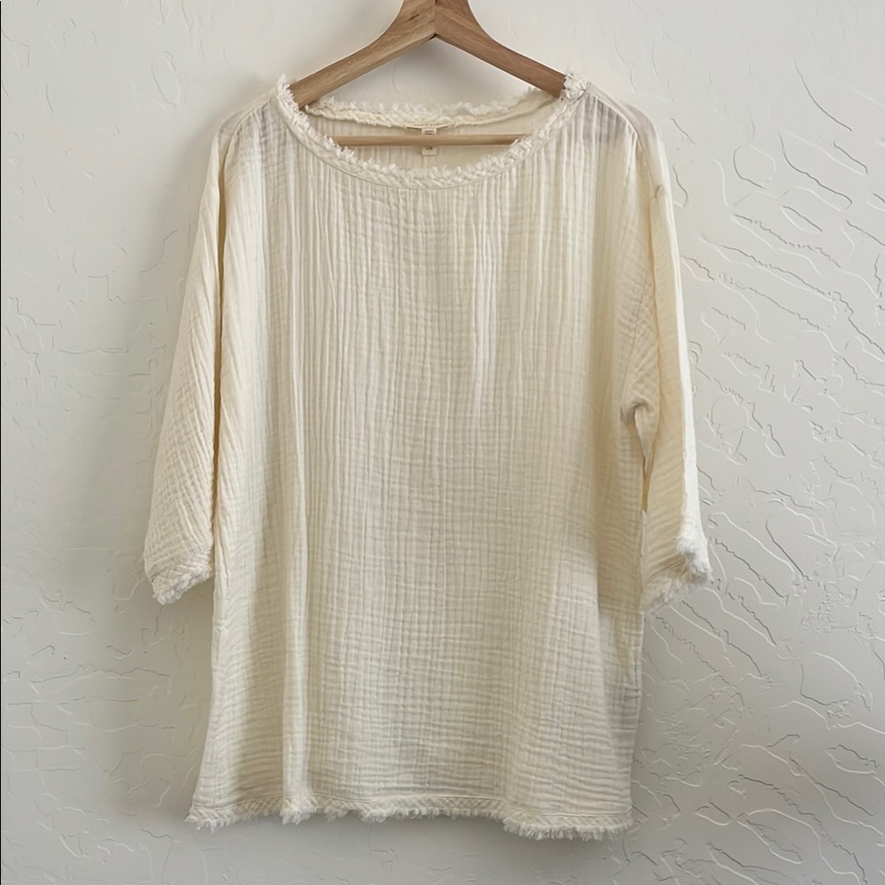 Eileen Fisher Cream Gauze 100% Organic Cotton Ribbed Relaxed Blouse